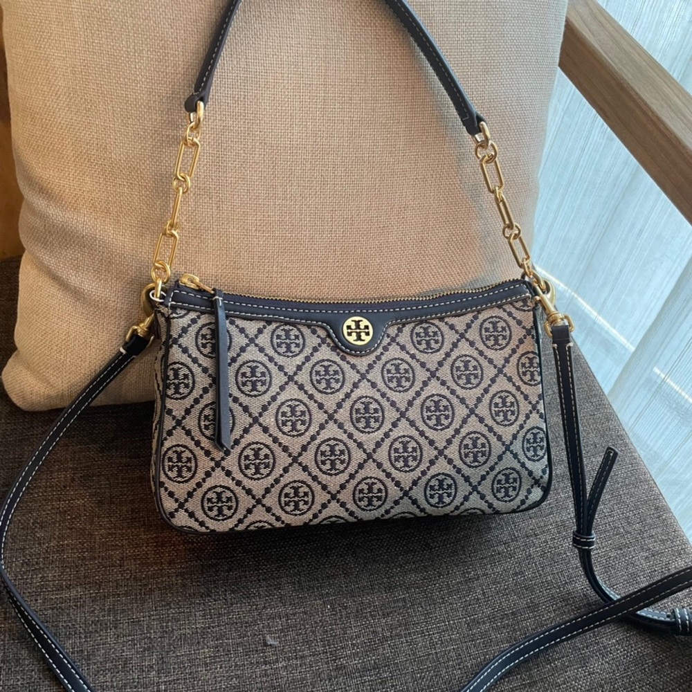 Tory Burch Beige & Black Logo Jacquard Shoulder Bag